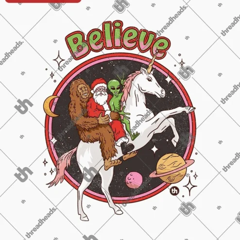 Close-up of Believe Tee Funny Christmas Santa Bigfoot Alien Unicorn Graphic Shirt Holiday Gift for streetwear fans in Chicago, Illinois
