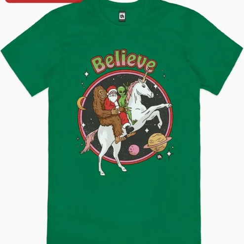 Close-up of Believe Tee Funny Christmas Santa Bigfoot Alien Unicorn Graphic Shirt Holiday Gift for streetwear fans in Chicago, Illinois
