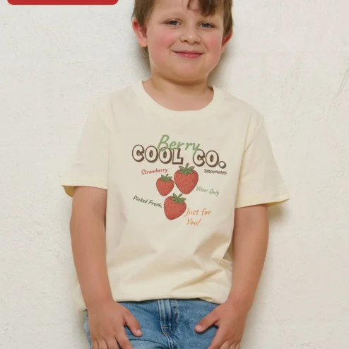 Berry Cool Co. Tee Funny Strawberry Graphic Kids Cotton Shirt on a hanger, ready to ship from Chicago, Illinois