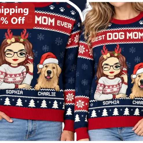 Best Dog Mom Ever Christmas Ugly Sweater for Women