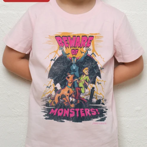 Beware of Monsters Kids Tee Scooby-Doo Halloween Graphic Shirt on a hanger, ready to ship from Chicago, Illinois
