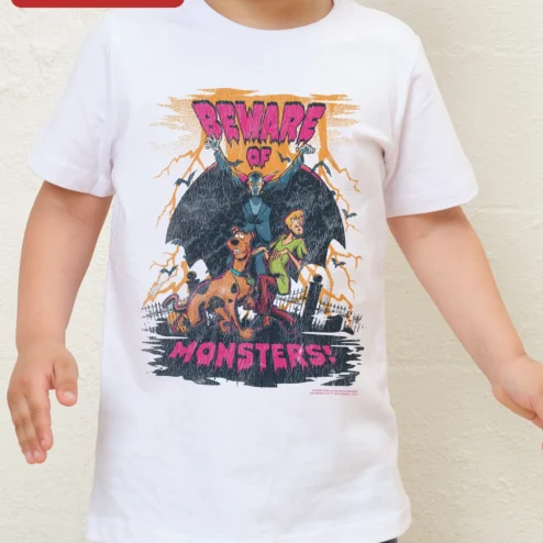 Customer in Chicago, Illinois wearing Beware of Monsters Kids Tee Scooby-Doo Halloween Graphic Shirt