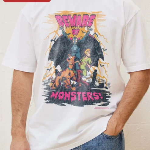 Beware of Monsters Scooby-Doo Vintage Graphic Tee Halloween Shaggy Gift on a hanger, ready to ship from Chicago, Illinois
