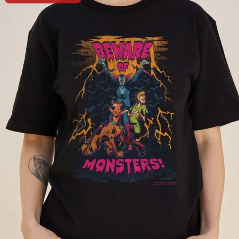 Customer in Chicago, Illinois wearing Beware of Monsters Scooby-Doo Vintage Graphic Tee Halloween Shaggy Gift