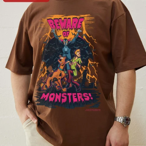 Close-up of Beware of Monsters Scooby-Doo Vintage Graphic Tee Halloween Shaggy Gift for streetwear fans in Chicago, Illinois