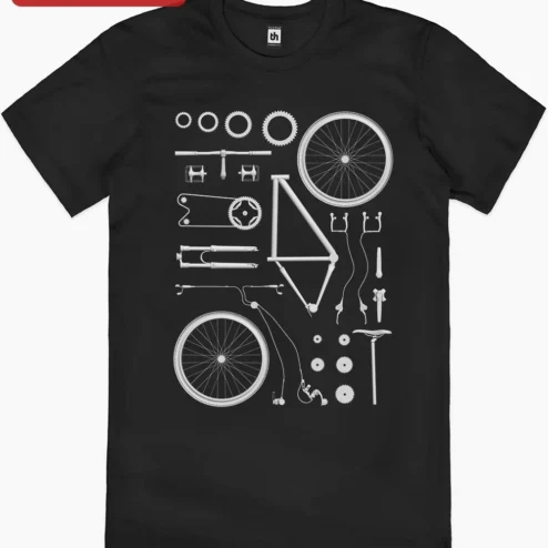 Customer in Chicago, Illinois wearing Bicycle Parts Knolling Exploded View Poster, Minimalist Technical Bike Diagram Wall Art for Cyclists