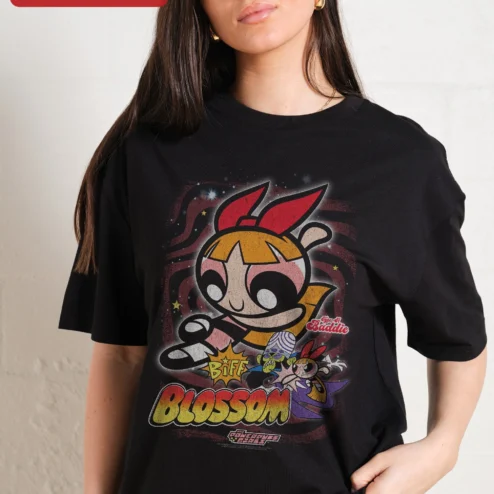 BIFF Blossom Powerpuff Girls Graphic Tee Retro Cartoon Nostalgia Gift for Women on a hanger, ready to ship from Chicago, Illinois