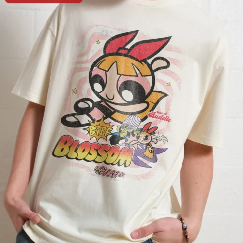 Customer in Chicago, Illinois wearing BIFF Blossom Powerpuff Girls Graphic Tee Retro Cartoon Nostalgia Gift for Women
