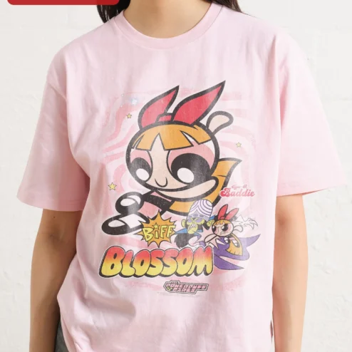 Close-up of BIFF Blossom Powerpuff Girls Graphic Tee Retro Cartoon Nostalgia Gift for Women for streetwear fans in Chicago, Illinois