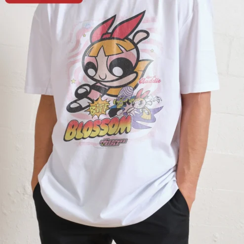 Customer in Chicago, Illinois wearing BIFF Blossom Powerpuff Girls Graphic Tee Retro Cartoon Nostalgia Gift for Women