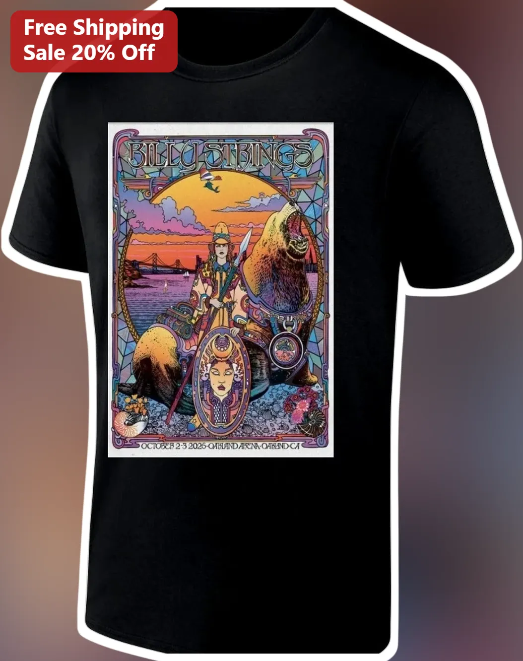 Billy Strings October 2026 Oakland Arena Concert Tee Art Nouveau Psychedelic Rock Graphic Shirt
