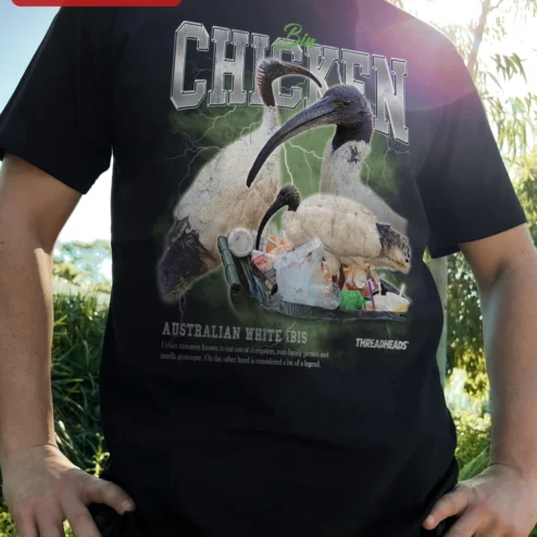 Bin Chicken Australian White Ibis Graphic Tee Funny Bird Meme Shirt Gift for Aussie Wildlife Lovers on a hanger, ready to ship from Chicago, Illinois
