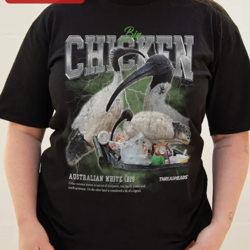 Customer in Chicago, Illinois wearing Bin Chicken Australian White Ibis Graphic Tee Funny Bird Meme Shirt Gift for Aussie Wildlife Lovers