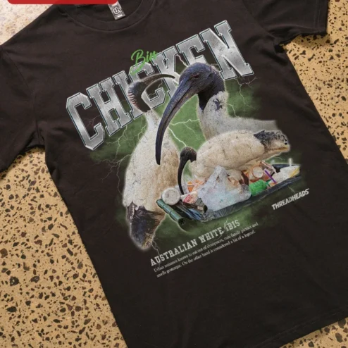 Close-up of Bin Chicken Australian White Ibis Graphic Tee Funny Bird Meme Shirt Gift for Aussie Wildlife Lovers for streetwear fans in Chicago, Illinois