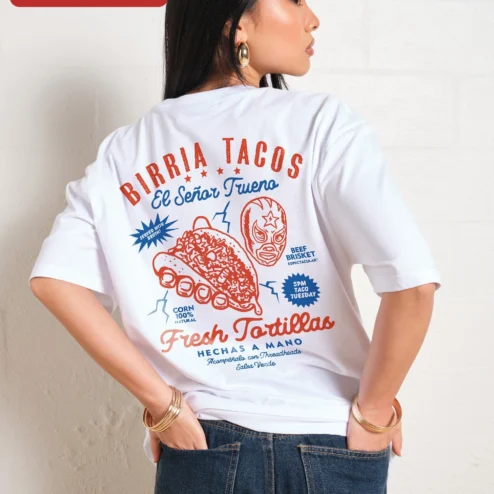 Close-up of Birria Tacos El Señor Trueno Graphic Tee for Men Women Mexican Food Lovers for streetwear fans in Chicago, Illinois