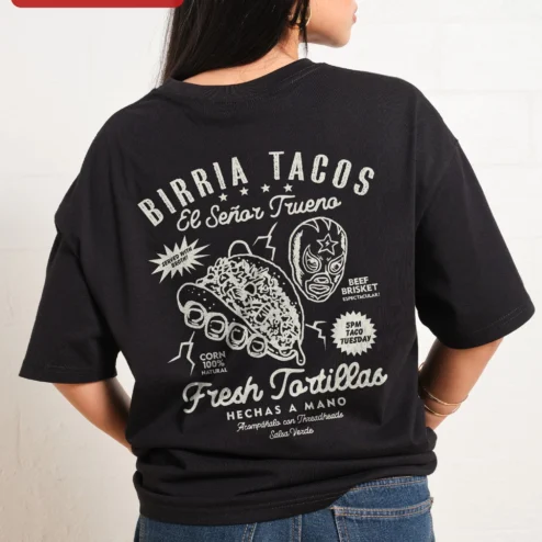Close-up of Birria Tacos El Señor Trueno Graphic Tee for Men Women Mexican Food Lovers for streetwear fans in Chicago, Illinois