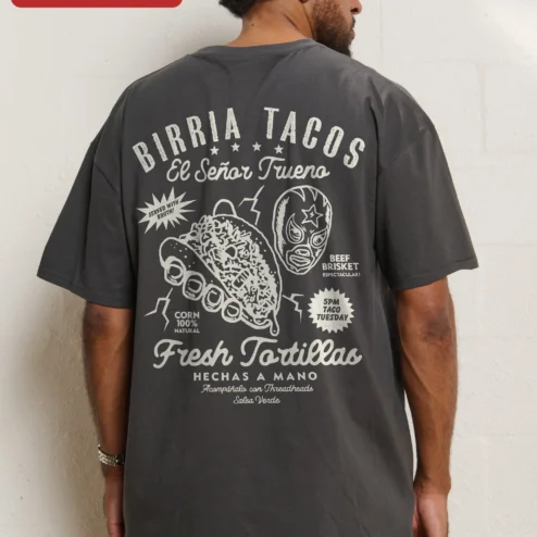 Close-up of Birria Tacos El Señor Trueno Graphic Tee for Men Women Mexican Food Lovers for streetwear fans in Chicago, Illinois