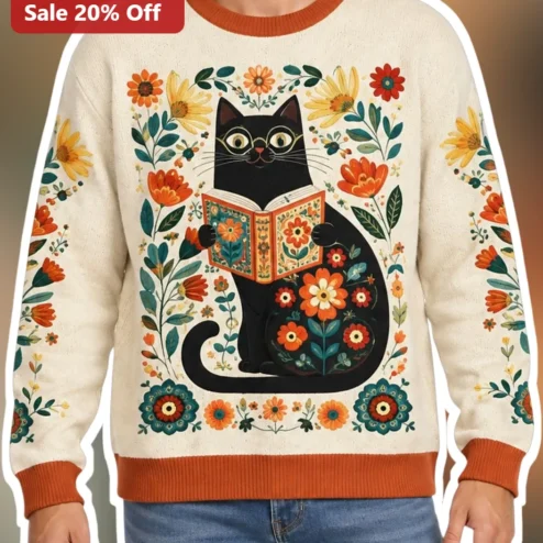 Black Cat Reading Book Floral Folk Art Sweatshirt for Women Cozy Literary Gift