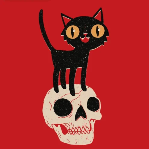 Black Cat Skull Halloween Illustration Art Print Gothic Spooky Wall Decor Vintage Style