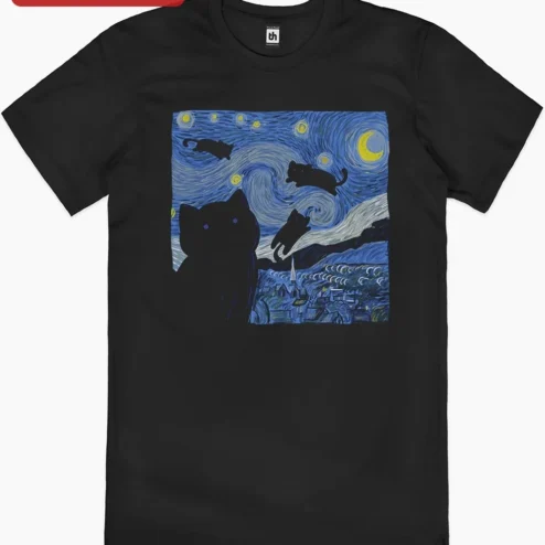 Black Cats Starry Night Art Poster Van Gogh Style Cat Lover Wall Decor on a hanger, ready to ship from Chicago, Illinois