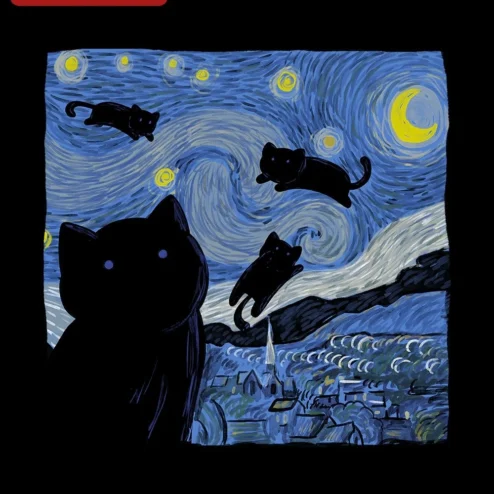 Black Cats Starry Night Art Poster Van Gogh Style Cat Lover Wall Decor