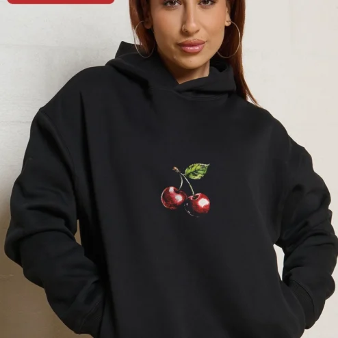 Customer in Chicago, Illinois wearing Black Cherry Graphic Pullover Hoodie Minimalist Red Cherries Chest Print Streetwear Apparel
