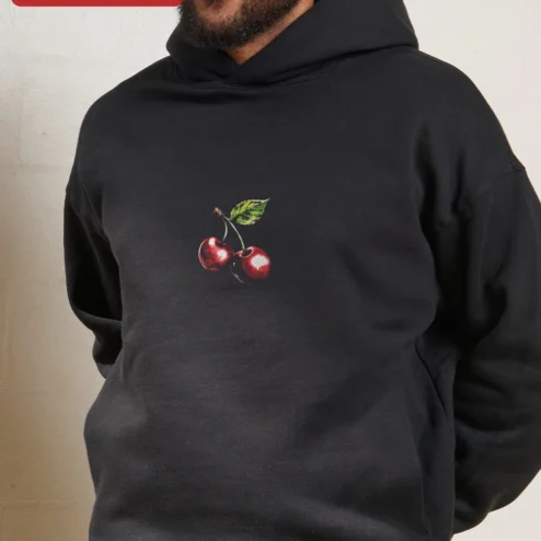 Black Cherry Graphic Pullover Hoodie Minimalist Red Cherries Chest Print Streetwear Apparel