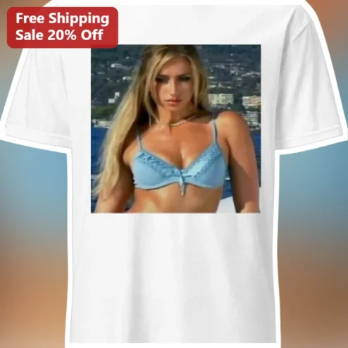 Blonde Woman in Blue Bikini Photo Tee Summer Beach Graphic Shirt