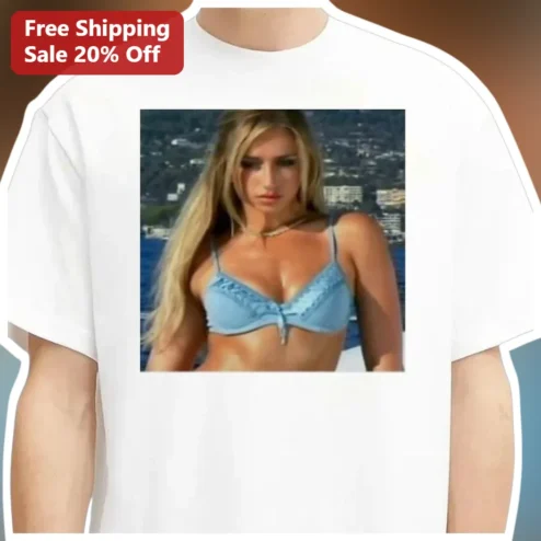 Blonde Woman in Blue Bikini Photo Tee Summer Beach Portrait Graphic T-Shirt
