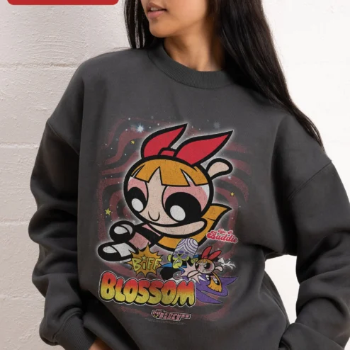 Blossom Bubbles Buttercup Powerpuff Girls Sweatshirt Retro Cartoon Y2K Streetwear Apparel on a hanger, ready to ship from Chicago, Illinois
