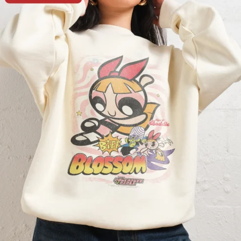 Customer in Chicago, Illinois wearing Blossom Bubbles Buttercup Powerpuff Girls Sweatshirt Retro Cartoon Y2K Streetwear Apparel