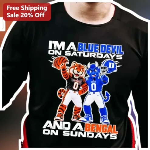 Blue Devil Bengal Long Sleeve Tee I'M A BLUE DEVIL ON SATURDAYS AND A BENGAL ON SUNDAYS Duke Cincinnati Sports Fan Gift