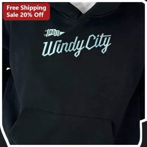 BOLTS Windy City Hoodie Chicago ThunderBolts Fan Gear Black Embroidered Sweatshirt