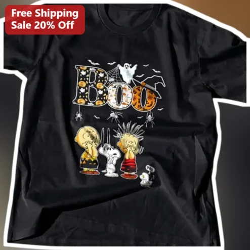 Boo Halloween Peanuts Characters Graphic Tee Black Cotton Shirt