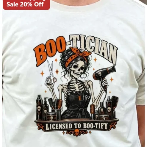 BOO-TICIAN Licensed To Boo-Tify Halloween Skeleton Hairstylist Graphic Tee