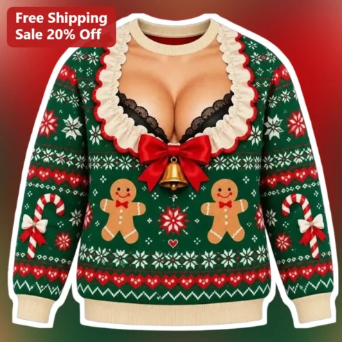 Boob Window Christmas Sweater Ugly Holiday Party Top with Chest Cutout and Festive Pattern