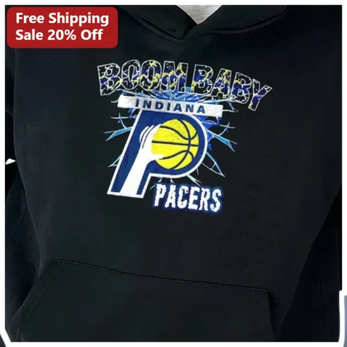 Boom Baby Indiana Pacers Hoodie Retro Distressed NBA Fan Gear Black Pullover Sweatshirt
