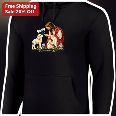 Boop Luke 15:4-6 Jesus Kneeling Touching Nose White Lamb Hoodie Christian Faith Apparel Gift