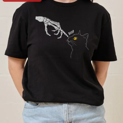 BOOP Tee Spooky Skeleton Hand Booping Black Cat Halloween Graphic Shirt