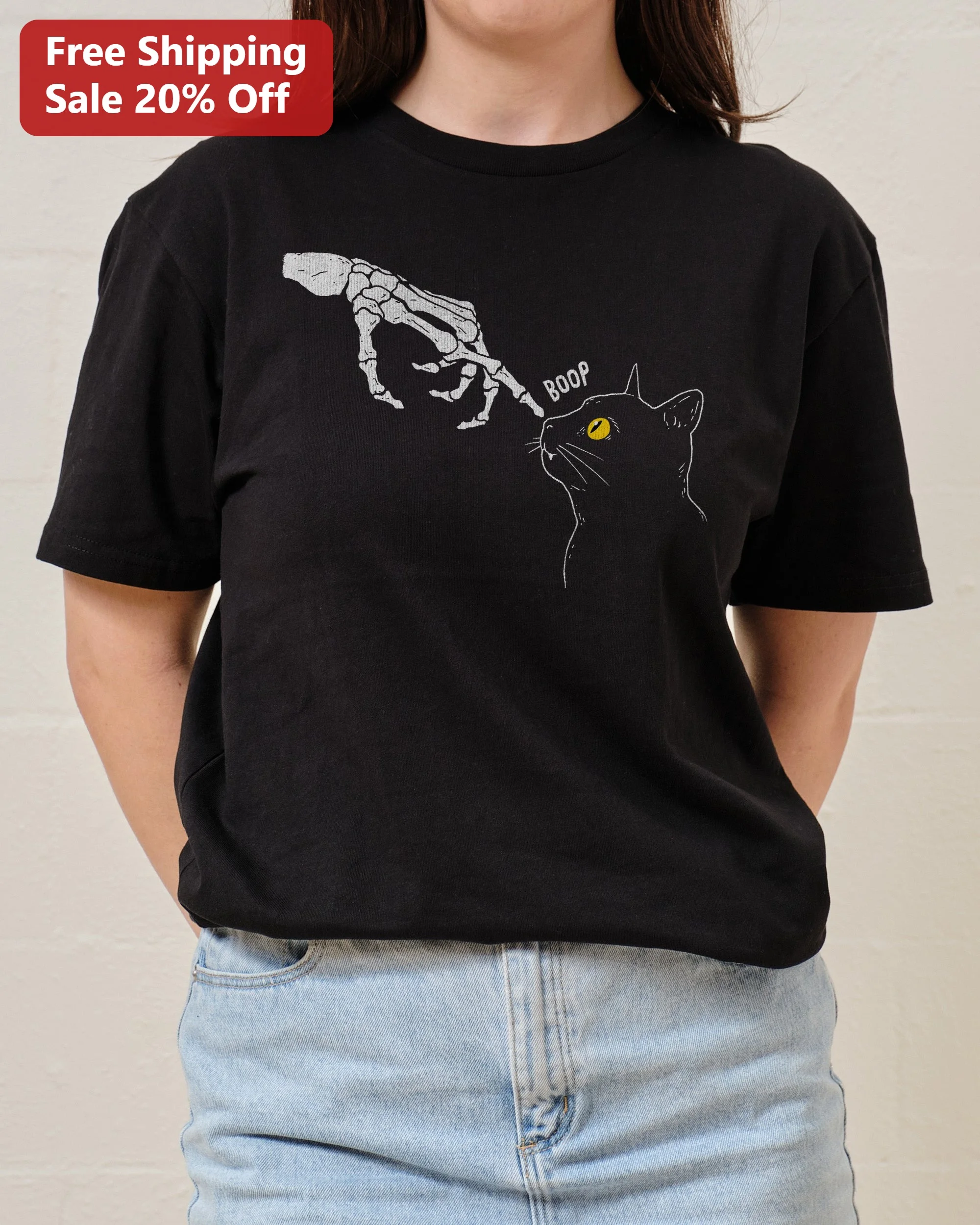 BOOP Tee Spooky Skeleton Hand Booping Black Cat Halloween Graphic Shirt