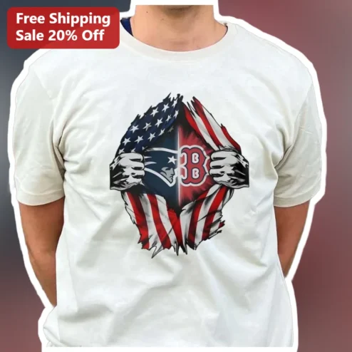 Boston Sports Patriot Red Sox Flag Tee Superman Tear Effect Dual Team Fan Shirt New England Patriots Boston Red Sox Gift