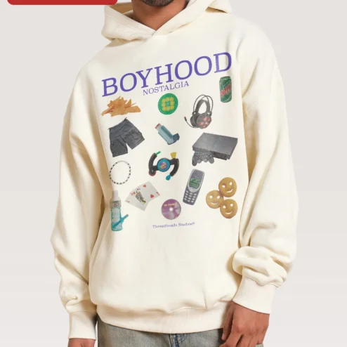 Boyhood Nostalgia Hoodie Retro Y2K 90s Kids Gift Black Pullover Sweatshirt for Men Women on a hanger, ready to ship from Chicago, Illinois