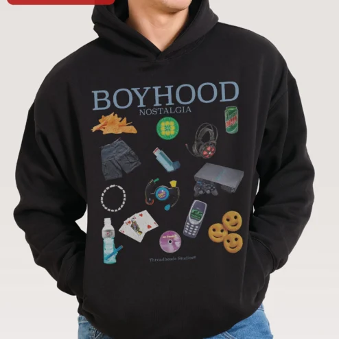 Boyhood Nostalgia Hoodie Retro Y2K 90s Kids Gift Black Pullover Sweatshirt for Men Women