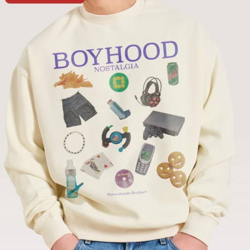 Boyhood Nostalgia Sweatshirt Vintage 90s Y2K Retro Gaming Collage Crewneck Gift for Men Women on a hanger, ready to ship from Chicago, Illinois
