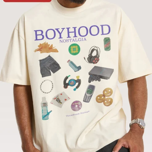 Customer in Chicago, Illinois wearing Boyhood Nostalgia Tee 90s 2000s Retro Gaming Collage Oversized Graphic Shirt for Men Women