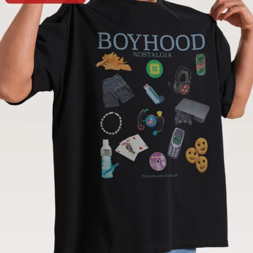 Boyhood Nostalgia Tee 90s 2000s Retro Gaming Collage Oversized Graphic Shirt for Men Women