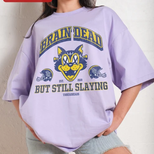 Brain Dead But Still Slaying Funny Cat Graphic Tee Vintage Varsity Style