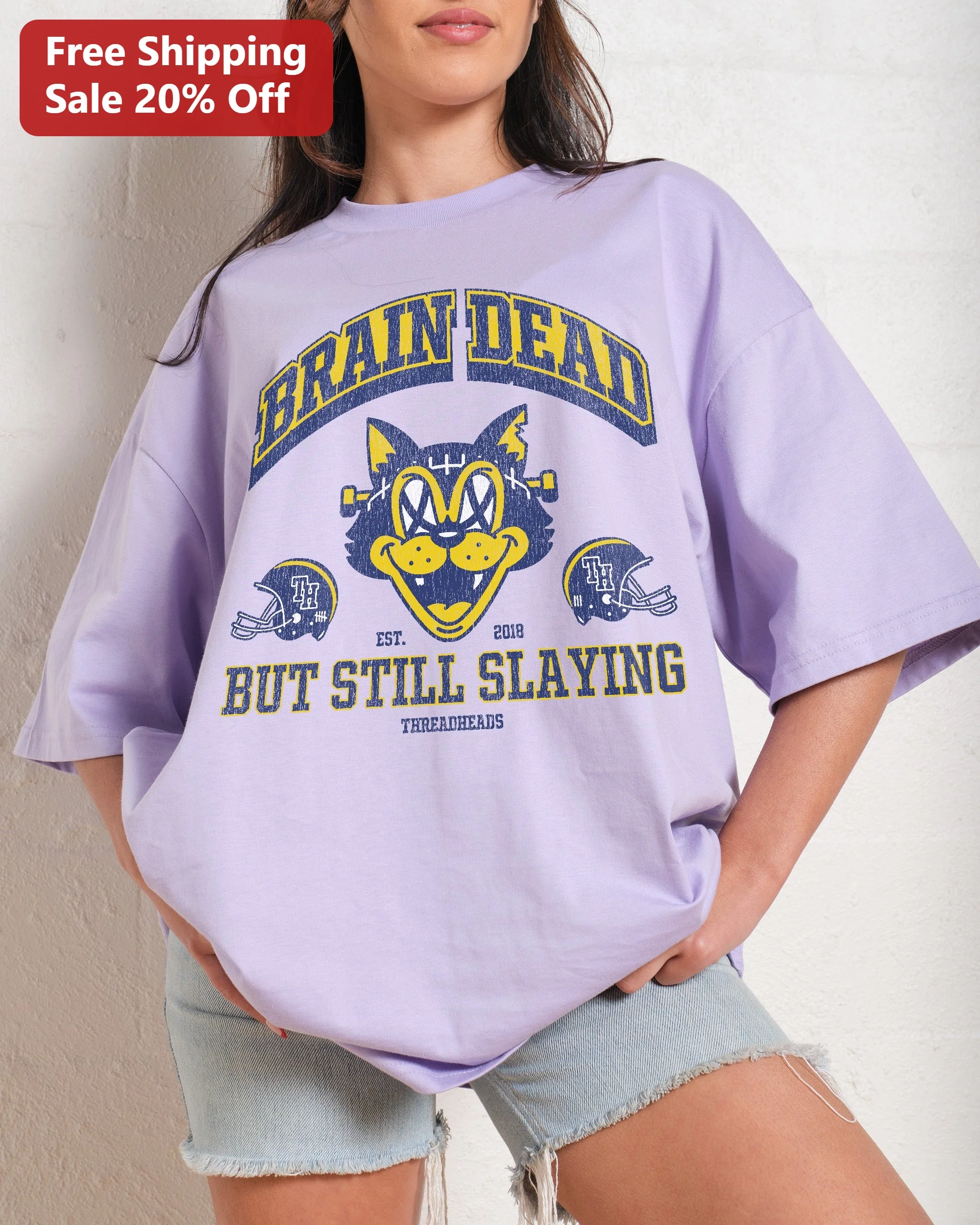 Brain Dead But Still Slaying Funny Cat Graphic Tee Vintage Varsity Style