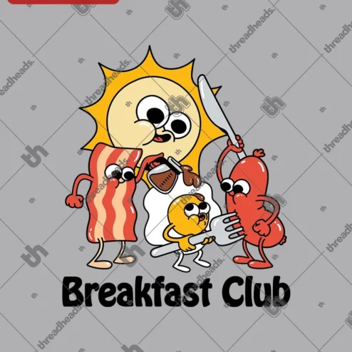 Breakfast Club Tee Retro Cartoon Food Graphic Shirt for Men Women on a hanger, ready to ship from Chicago, Illinois