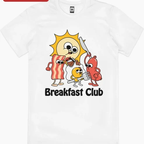 Close-up of Breakfast Club Tee Retro Cartoon Food Graphic Shirt for Men Women for streetwear fans in Chicago, Illinois